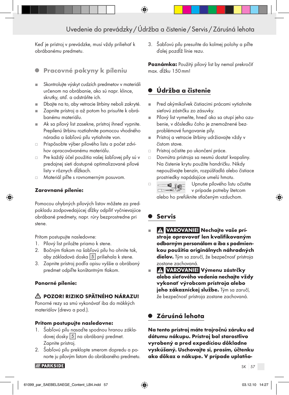 Pracovné pokyny k píleniu, Údržba a čistenie, Servis | Záruśná lehota | Parkside PFS 710 A1 User Manual | Page 57 / 68