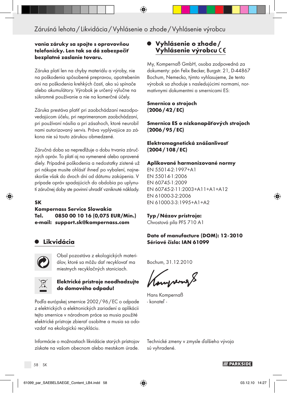 Likvidácia, Vyhlásenie o zhode / vyhlásenie výrobcu | Parkside PFS 710 A1 User Manual | Page 58 / 68