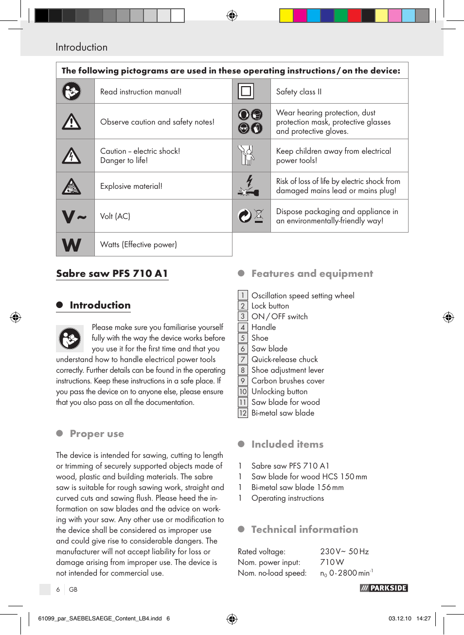 Introduction, Sabre saw pfs 710 a1, Proper use | Features and equipment, Included items, Technical information | Parkside PFS 710 A1 User Manual | Page 6 / 68