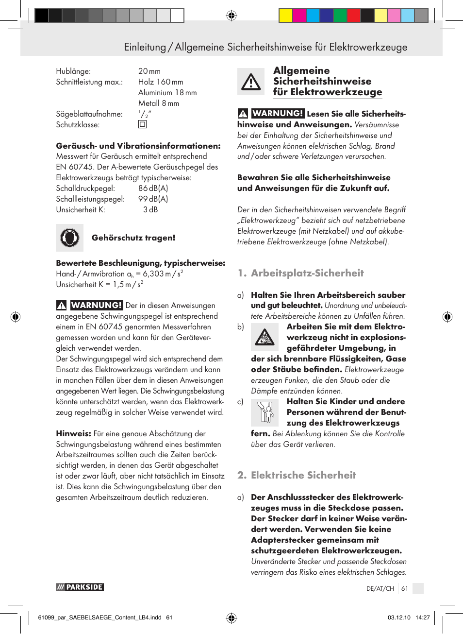 Arbeitsplatz-sicherheit, Elektrische sicherheit | Parkside PFS 710 A1 User Manual | Page 61 / 68