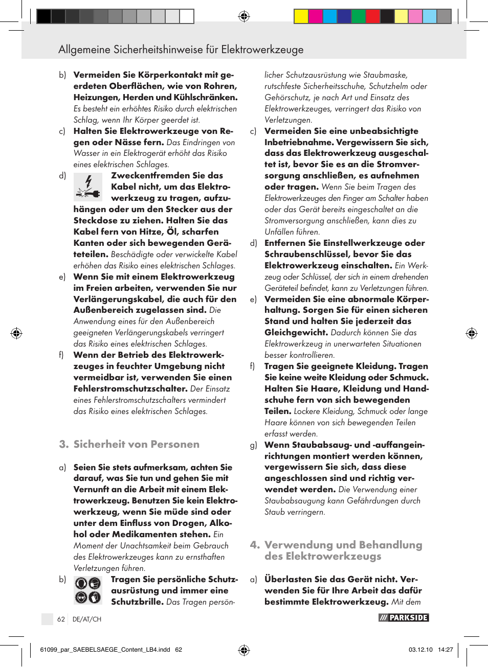 Sicherheit von personen, Verwendung und behandlung des elektrowerkzeugs | Parkside PFS 710 A1 User Manual | Page 62 / 68