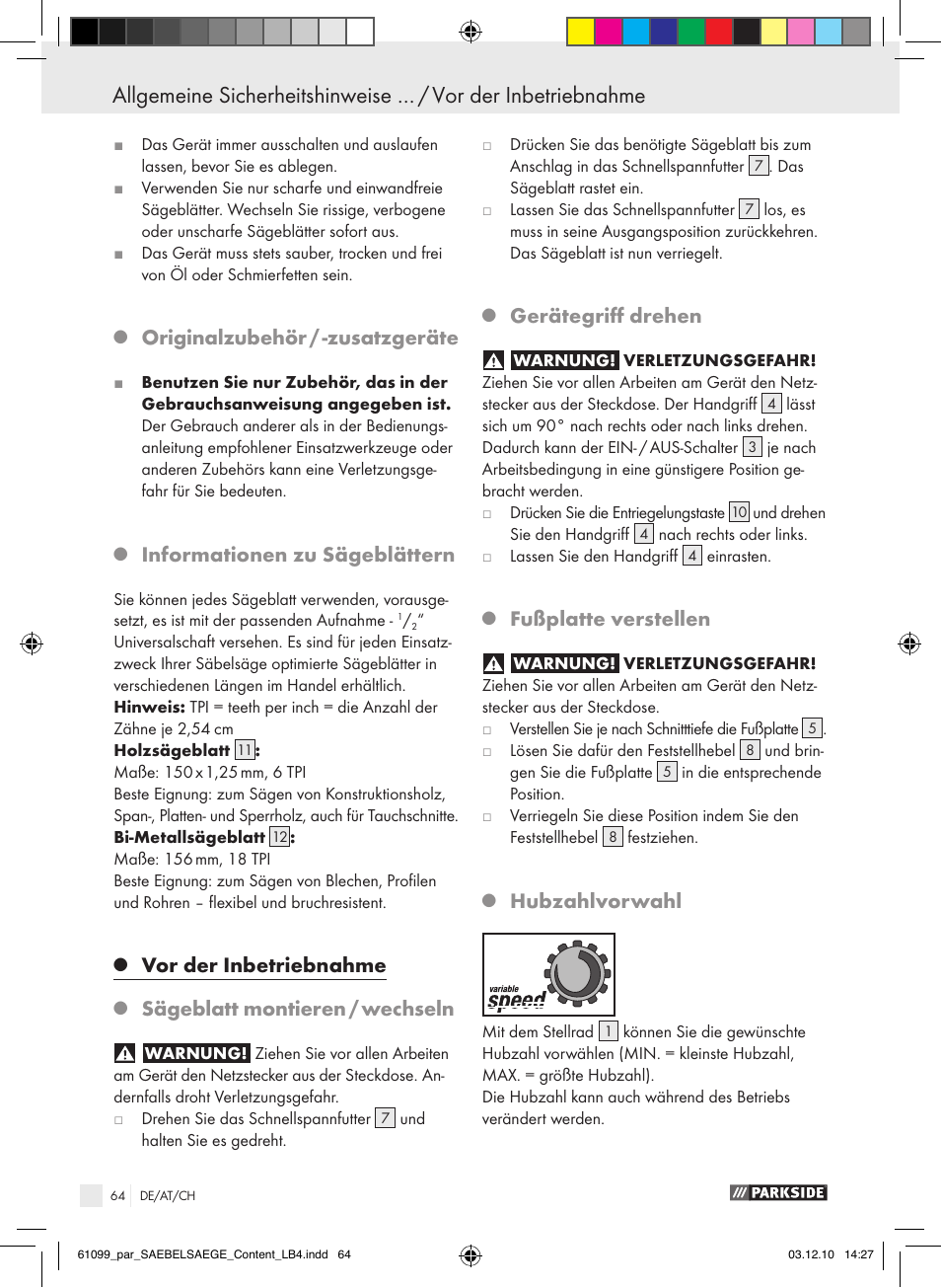 Originalzubehör / -zusatzgeräte, Informationen zu sägeblättern, Vor der inbetriebnahme | Sägeblatt montieren / wechseln, Gerätegriff drehen, Fußplatte verstellen, Hubzahlvorwahl | Parkside PFS 710 A1 User Manual | Page 64 / 68