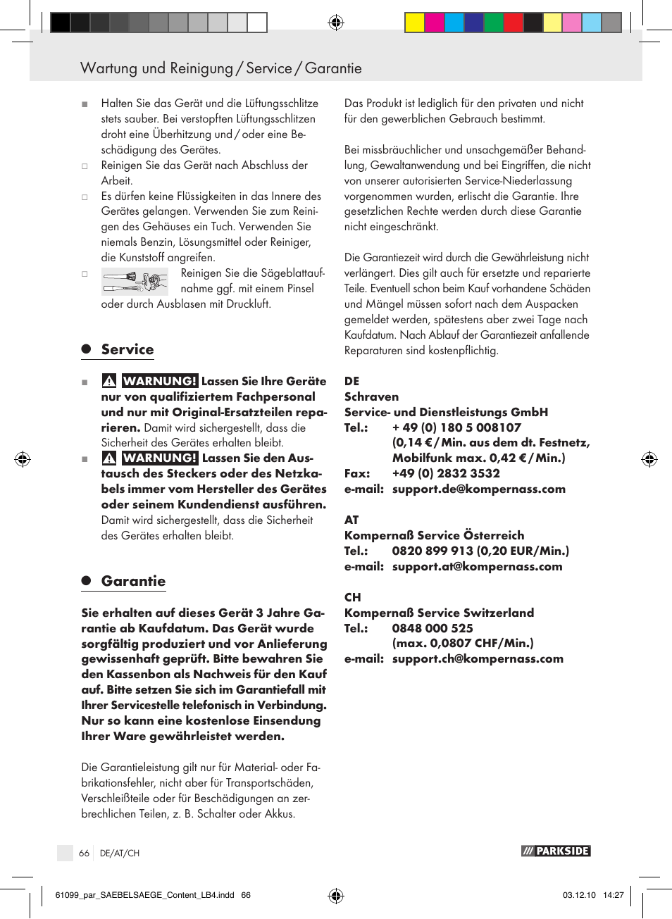 Wartung und reinigung / service / garantie, Service, Garantie | Parkside PFS 710 A1 User Manual | Page 66 / 68