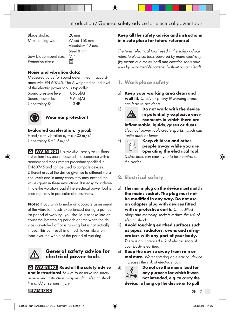 General safety advice for electrical power tools, Workplace safety, Electrical safety | Parkside PFS 710 A1 User Manual | Page 7 / 68