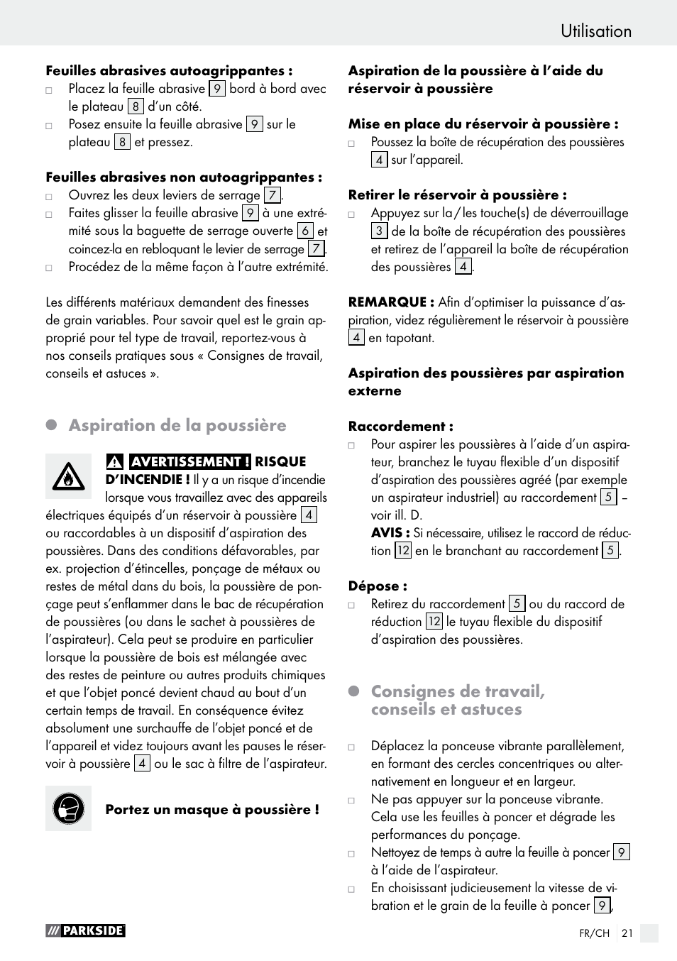 Utilisation, Aspiration de la poussière, Consignes de travail, conseils et astuces | Parkside PSS 250 A1 User Manual | Page 21 / 44