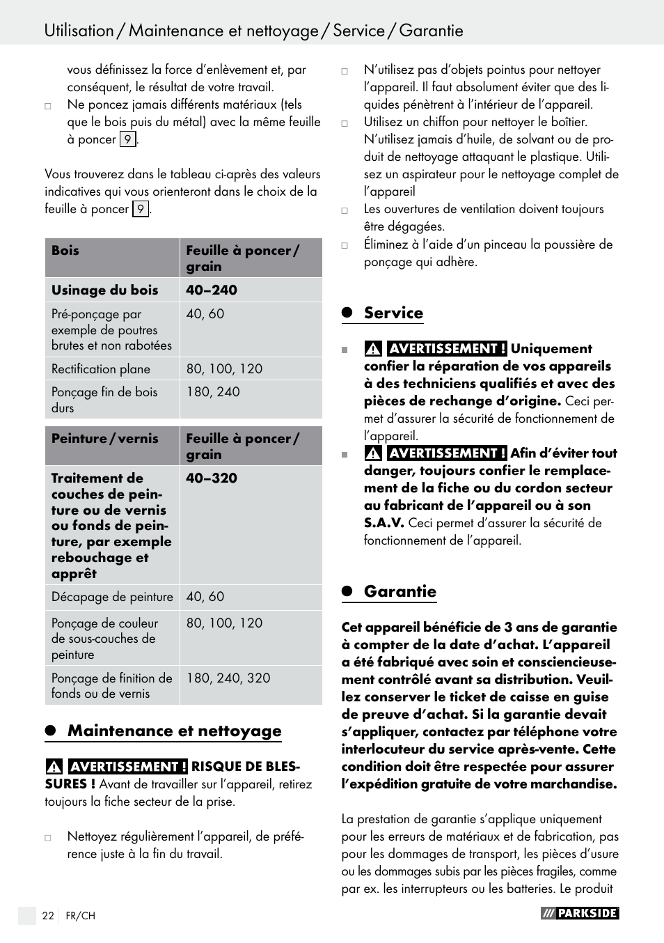 Maintenance et nettoyage, Service, Garantie | Parkside PSS 250 A1 User Manual | Page 22 / 44
