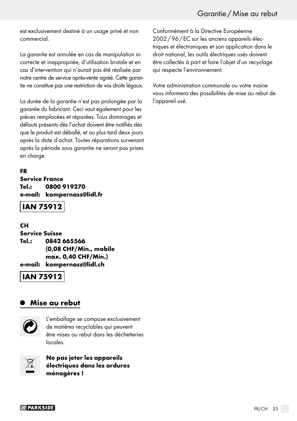 Mise au rebut | Parkside PSS 250 A1 User Manual | Page 23 / 44