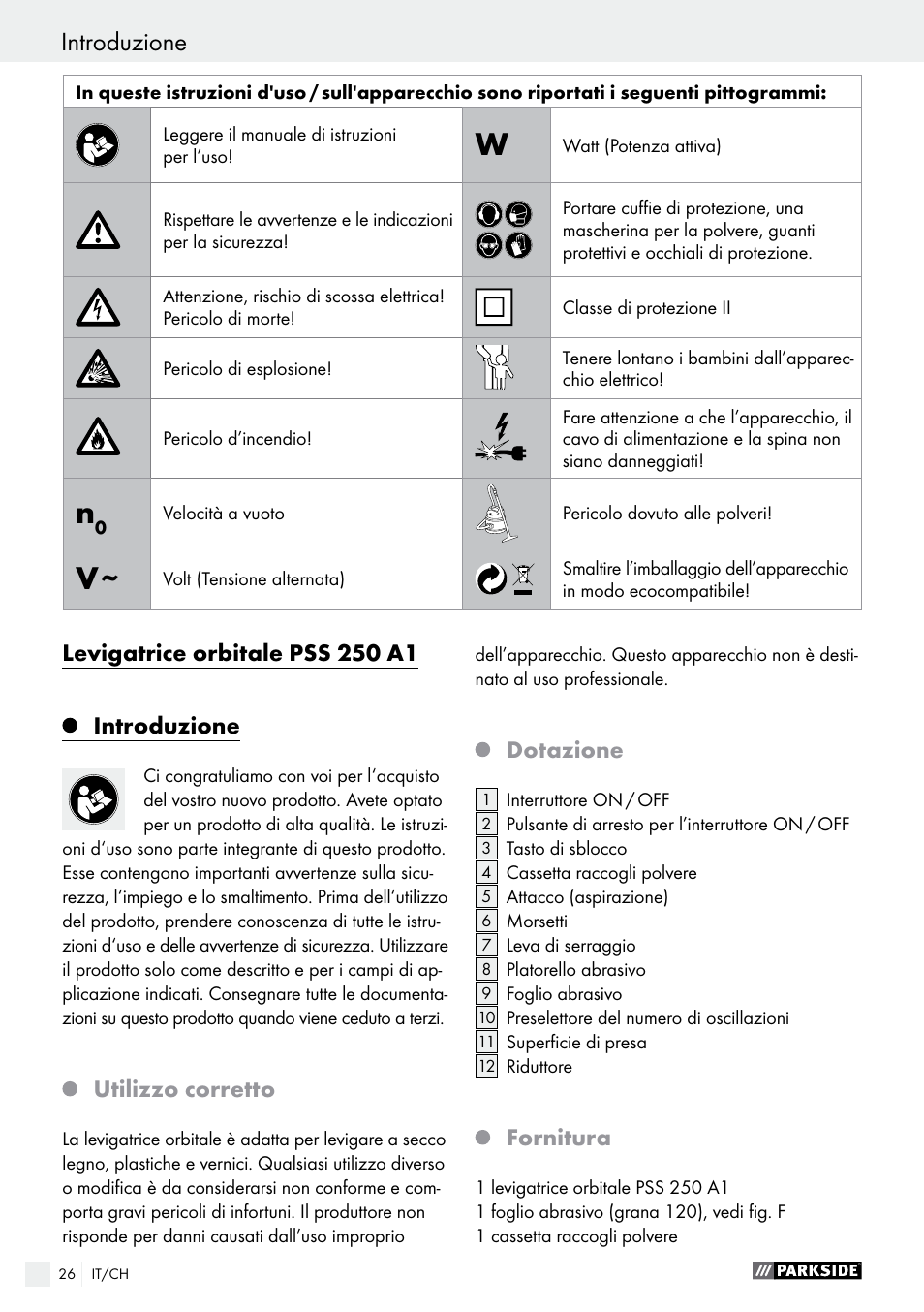 Levigatrice orbitale pss 250 a1, Introduzione, Utilizzo corretto | Dotazione, Fornitura | Parkside PSS 250 A1 User Manual | Page 26 / 44