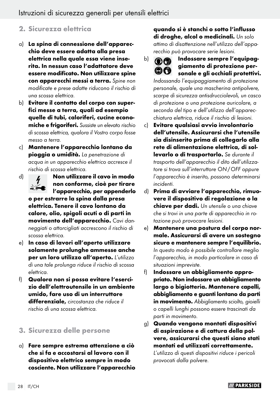 Sicurezza elettrica, Sicurezza delle persone | Parkside PSS 250 A1 User Manual | Page 28 / 44
