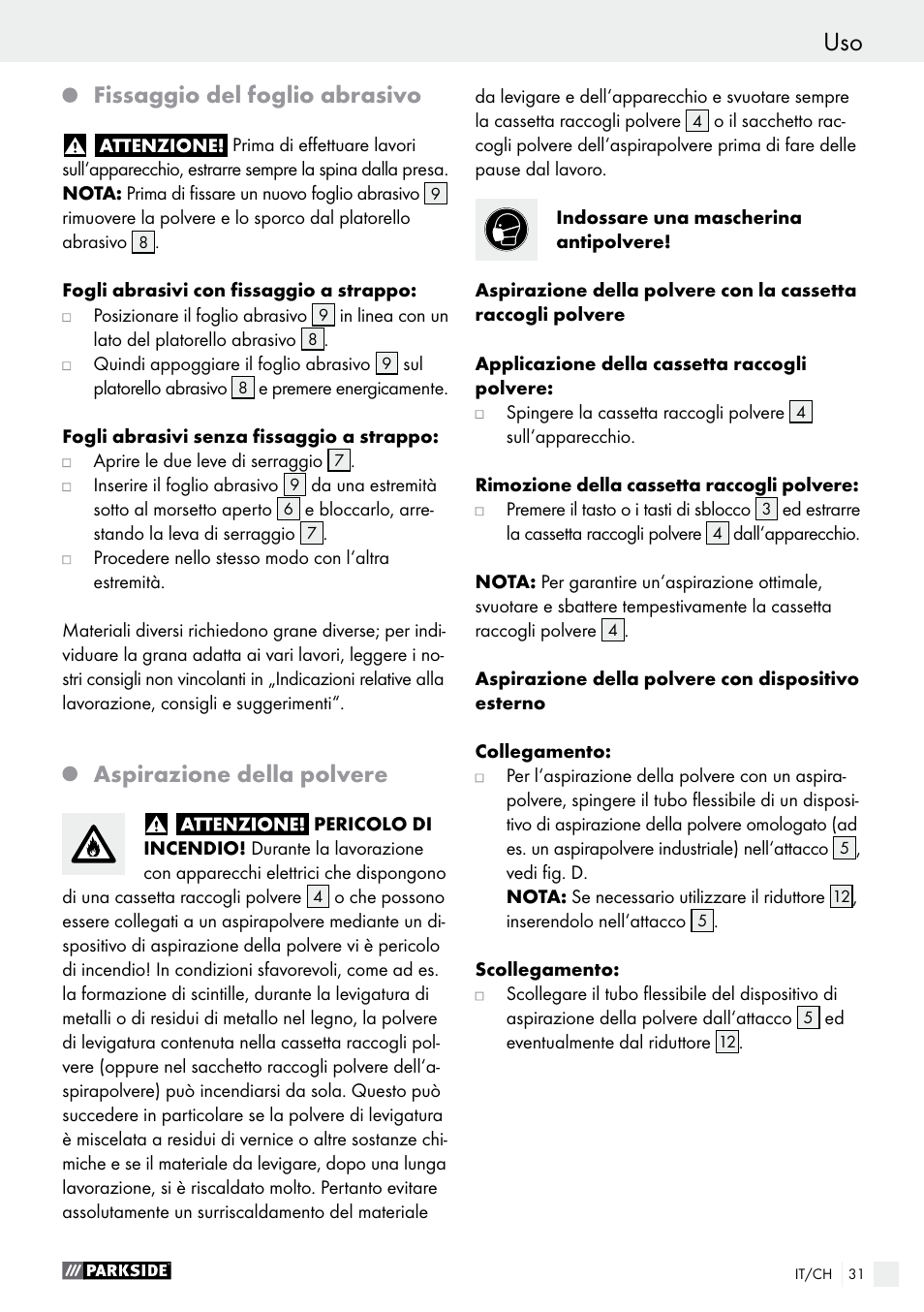 Fissaggio del foglio abrasivo, Aspirazione della polvere | Parkside PSS 250 A1 User Manual | Page 31 / 44