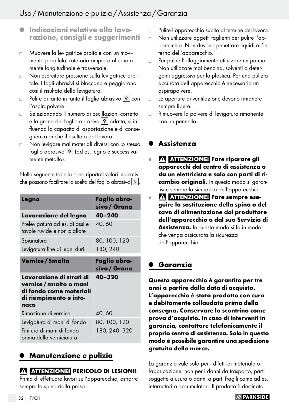 Manutenzione e pulizia, Assistenza, Garanzia | Parkside PSS 250 A1 User Manual | Page 32 / 44