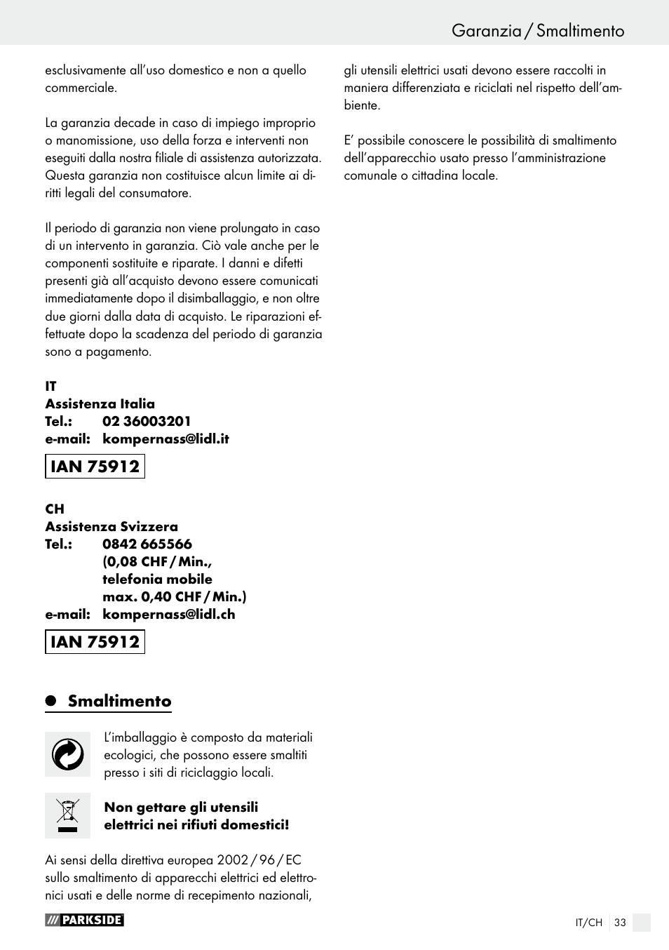 Smaltimento | Parkside PSS 250 A1 User Manual | Page 33 / 44