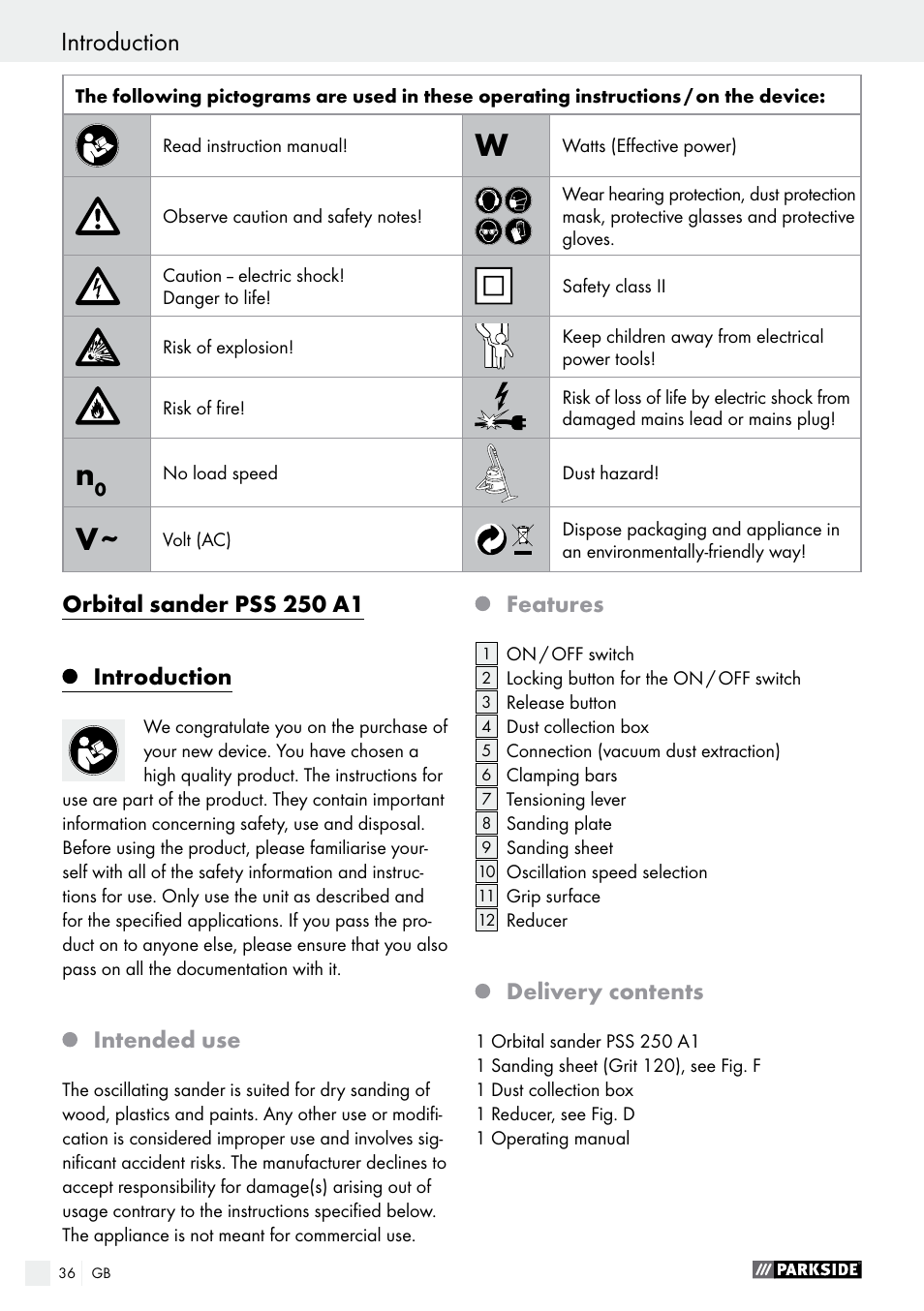 Orbital sander pss 250 a1, Introduction, Intended use | Features, Delivery contents | Parkside PSS 250 A1 User Manual | Page 36 / 44