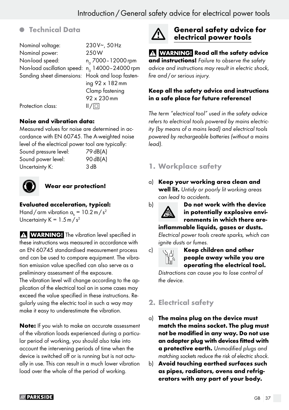 Technical data, General safety advice for electrical power tools, Workplace safety | Electrical safety | Parkside PSS 250 A1 User Manual | Page 37 / 44