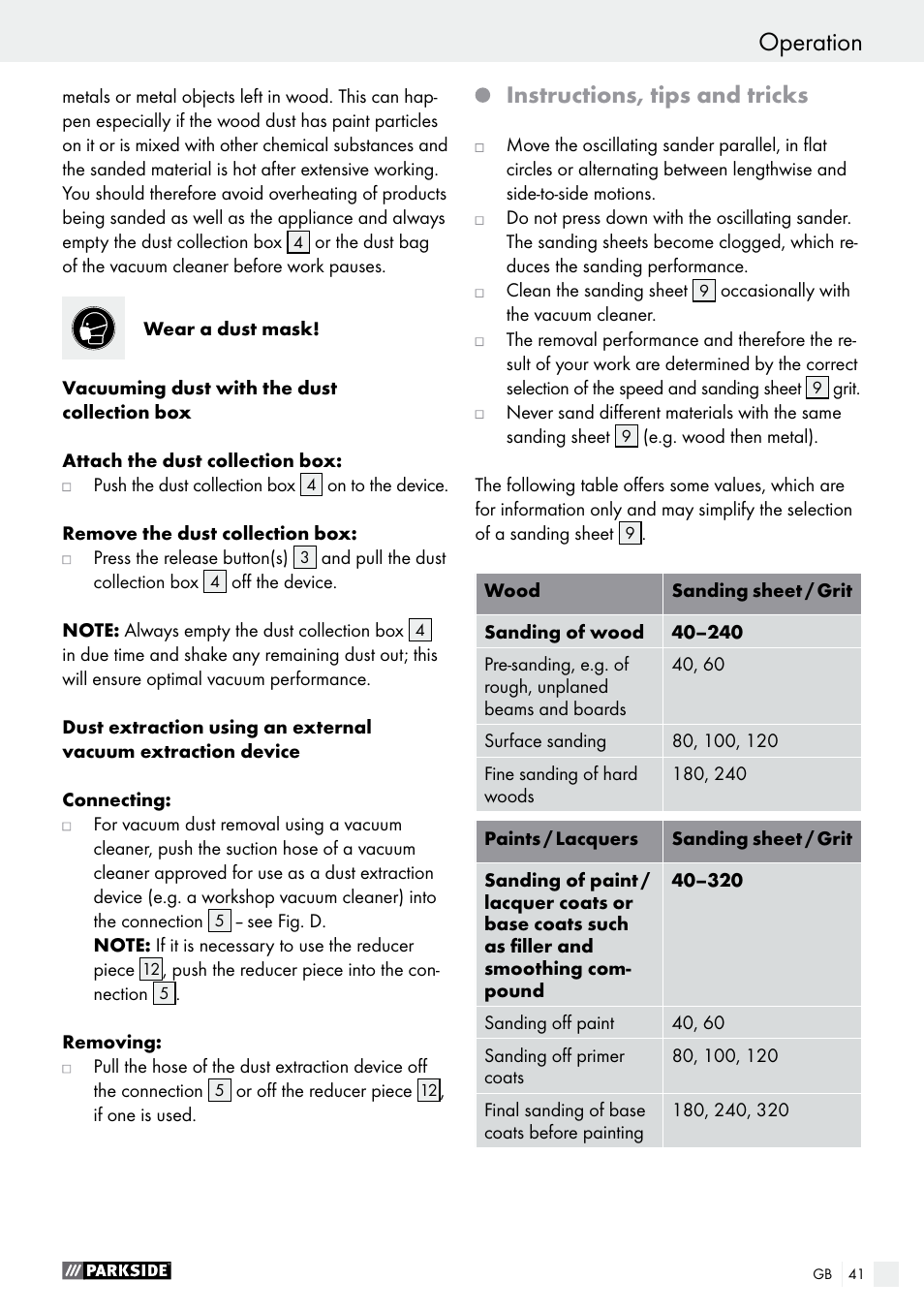 Instructions, tips and tricks | Parkside PSS 250 A1 User Manual | Page 41 / 44