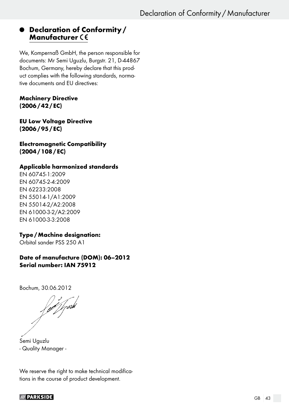 Declaration of conformity / manufacturer | Parkside PSS 250 A1 User Manual | Page 43 / 44