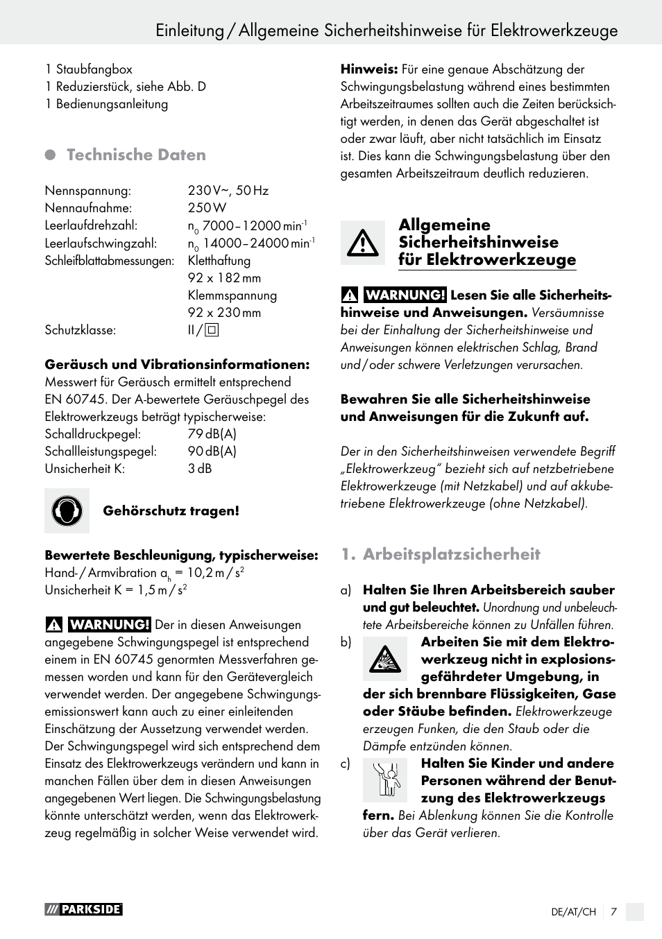 Einleitung, Technische daten, Arbeitsplatzsicherheit | Parkside PSS 250 A1 User Manual | Page 7 / 44