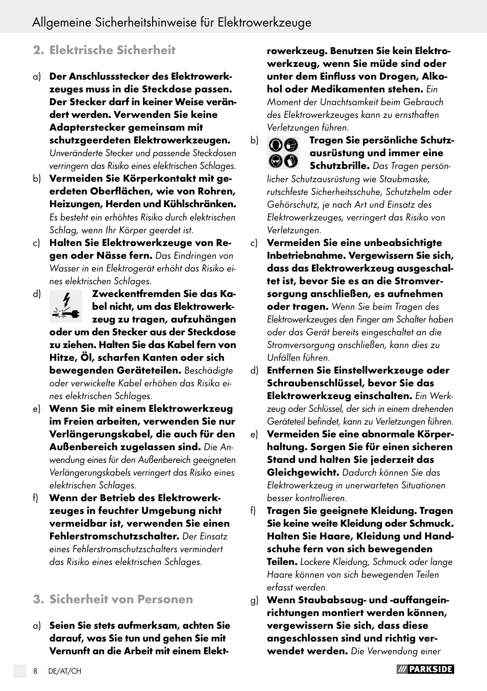 Elektrische sicherheit, Sicherheit von personen | Parkside PSS 250 A1 User Manual | Page 8 / 44