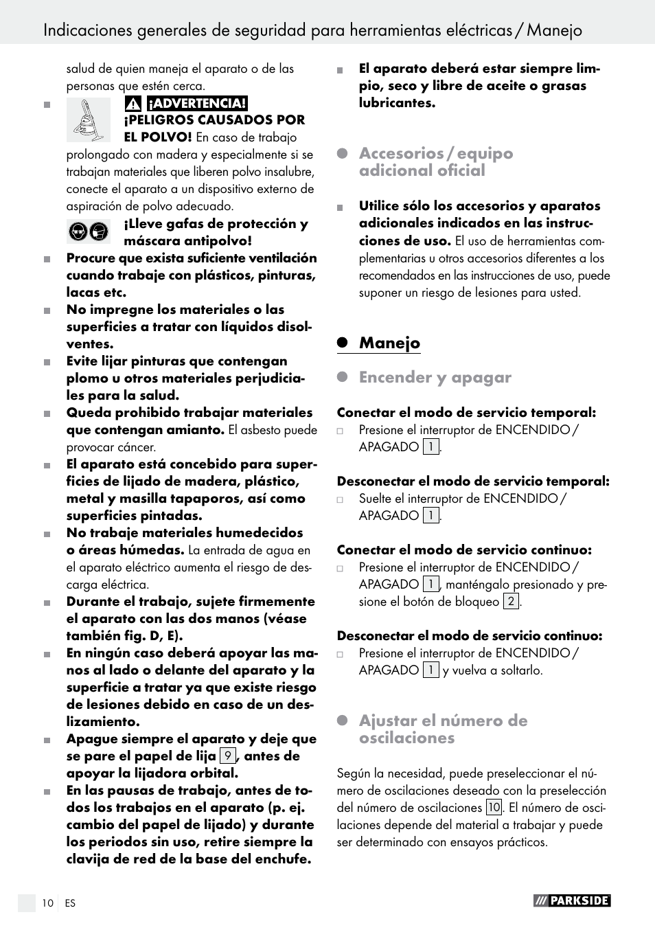 Accesorios / equipo adicional oficial, Manejo, Encender y apagar | Ajustar el número de oscilaciones | Parkside PSS 250 A1 User Manual | Page 10 / 34