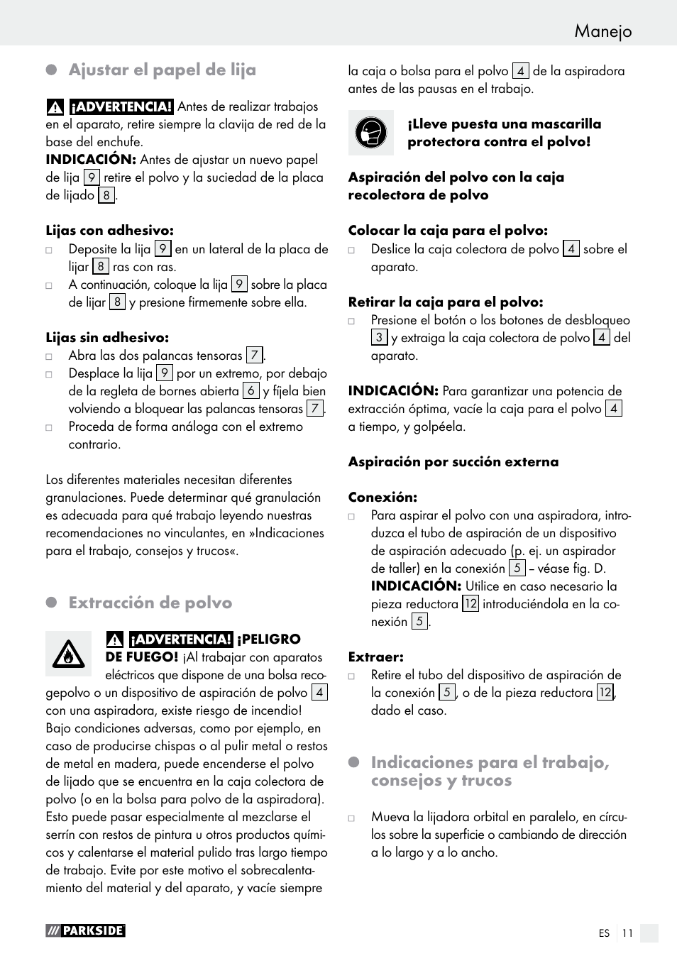 Ajustar el papel de lija, Extracción de polvo, Indicaciones para el trabajo, consejos y trucos | Parkside PSS 250 A1 User Manual | Page 11 / 34