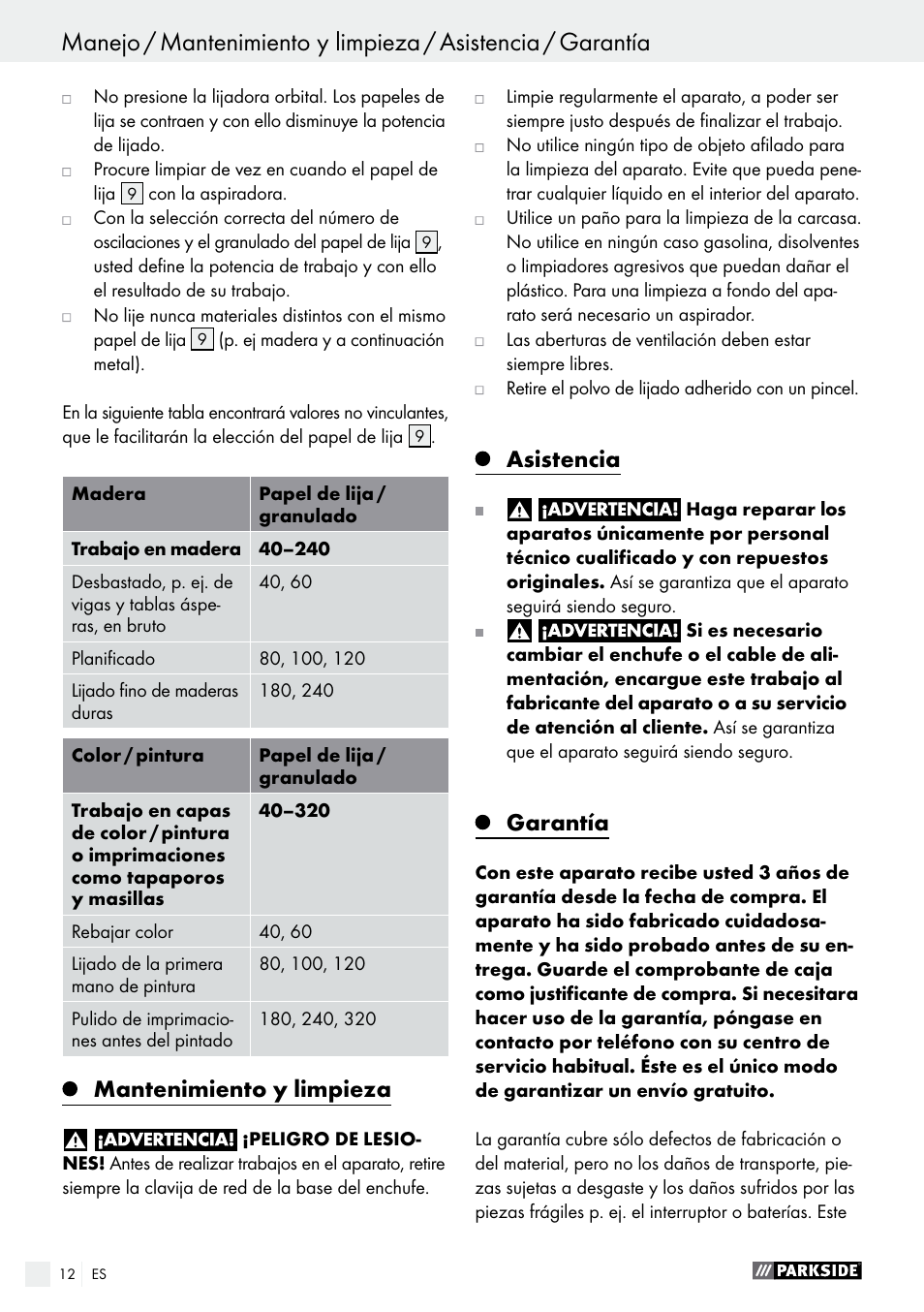 Mantenimiento y limpieza, Asistencia, Garantía | Parkside PSS 250 A1 User Manual | Page 12 / 34