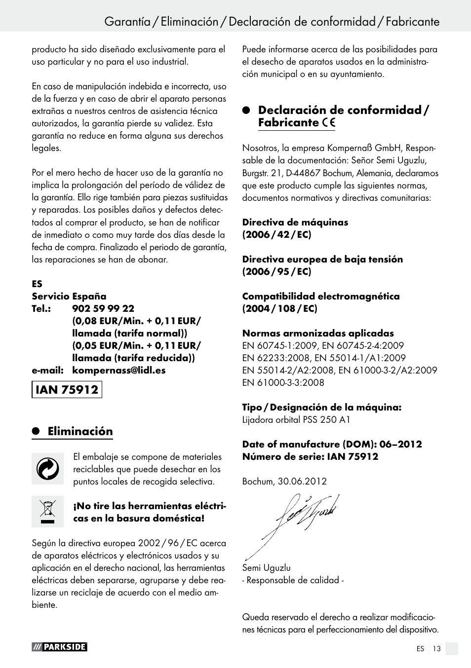 Eliminación, Declaración de conformidad / fabricante | Parkside PSS 250 A1 User Manual | Page 13 / 34