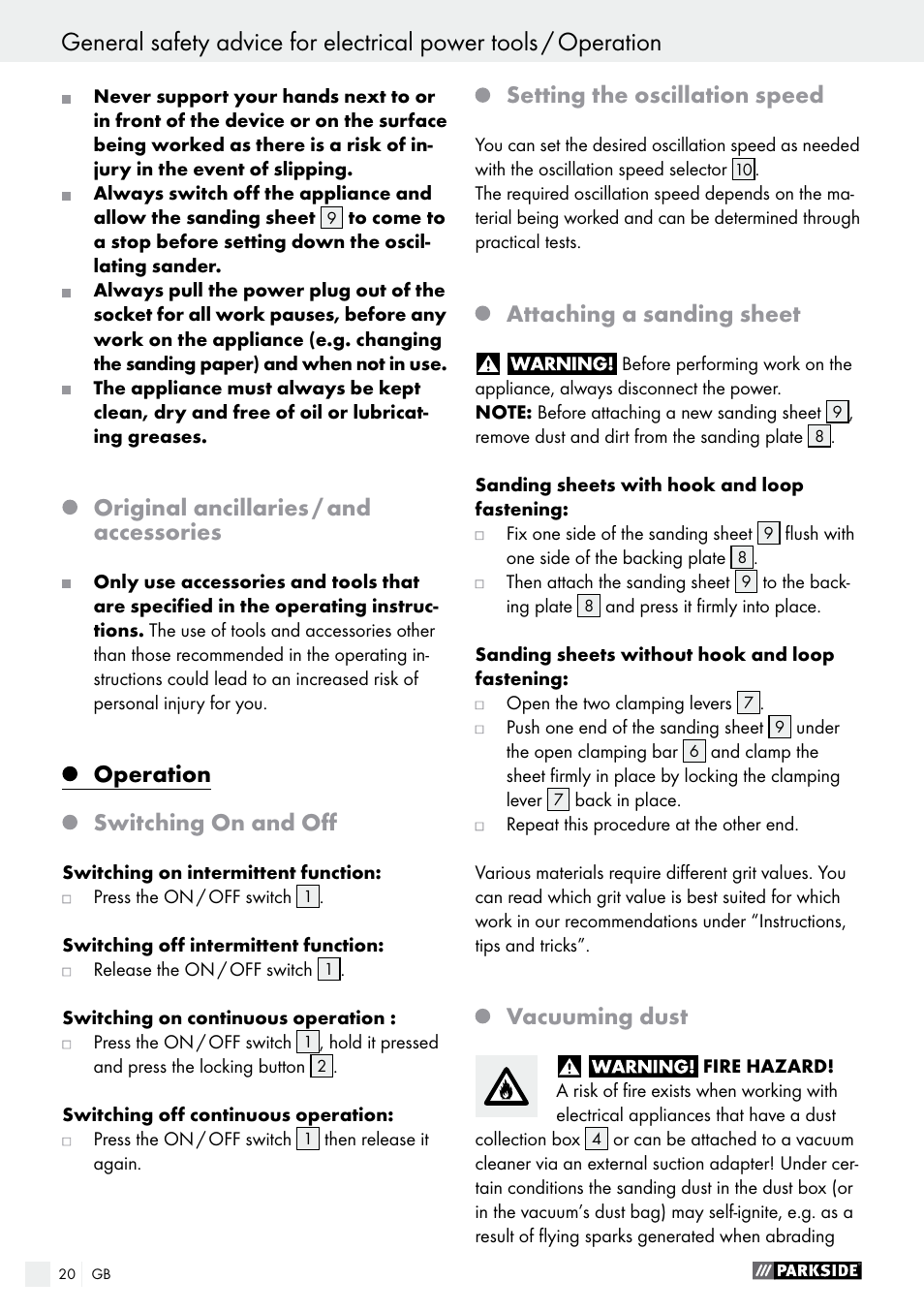 Original ancillaries / and accessories, Operation, Switching on and off | Setting the oscillation speed, Attaching a sanding sheet, Vacuuming dust | Parkside PSS 250 A1 User Manual | Page 20 / 34