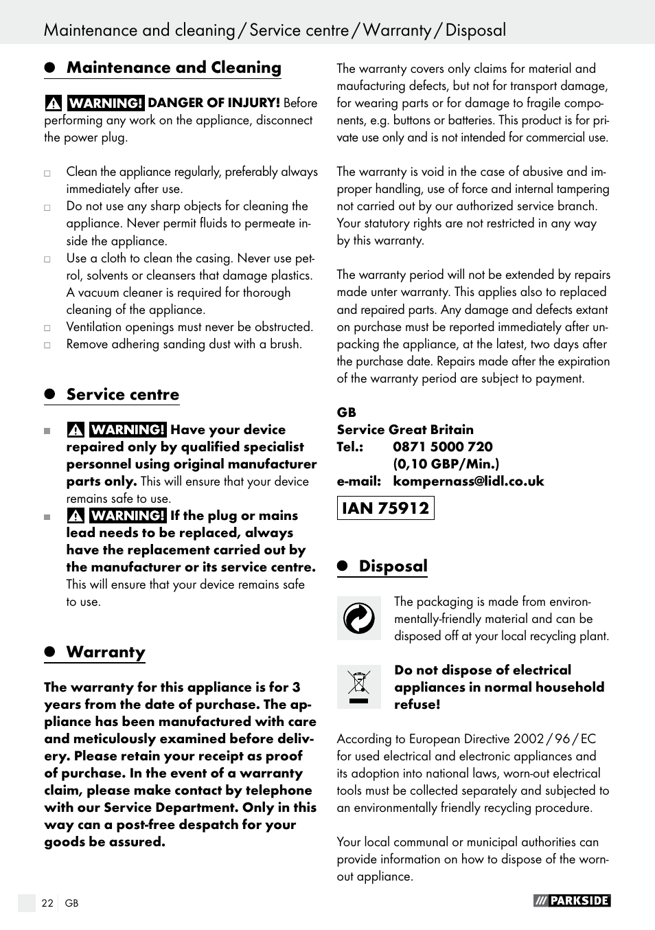 Maintenance and cleaning, Service centre, Warranty | Disposal | Parkside PSS 250 A1 User Manual | Page 22 / 34