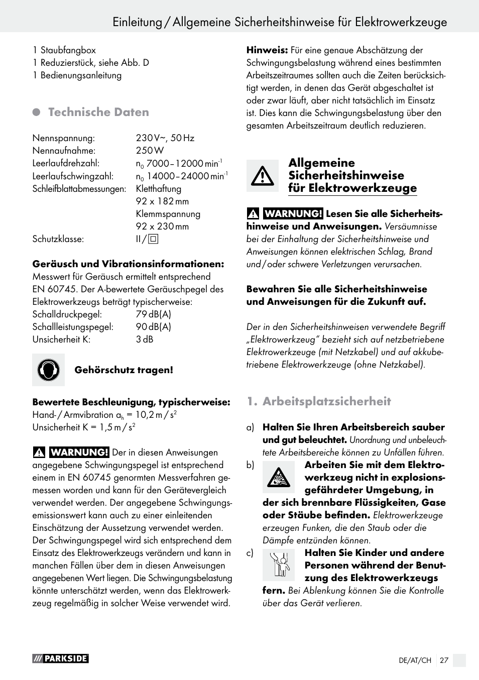 Einleitung, Technische daten, Arbeitsplatzsicherheit | Parkside PSS 250 A1 User Manual | Page 27 / 34