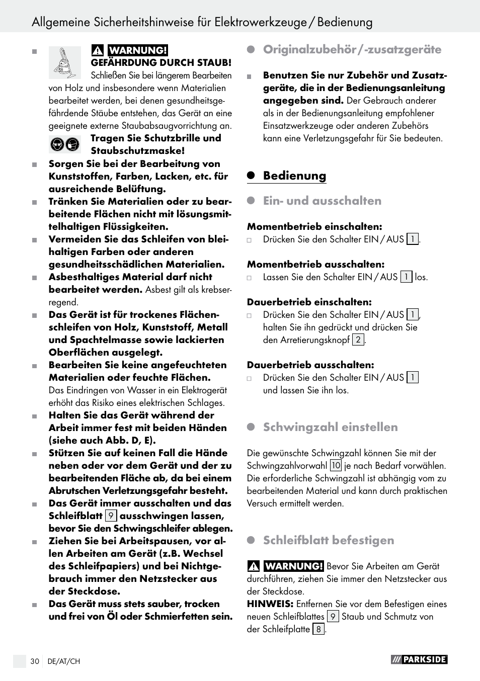 Bedienung, Originalzubehör / -zusatzgeräte, Ein- und ausschalten | Schwingzahl einstellen, Schleifblatt befestigen | Parkside PSS 250 A1 User Manual | Page 30 / 34