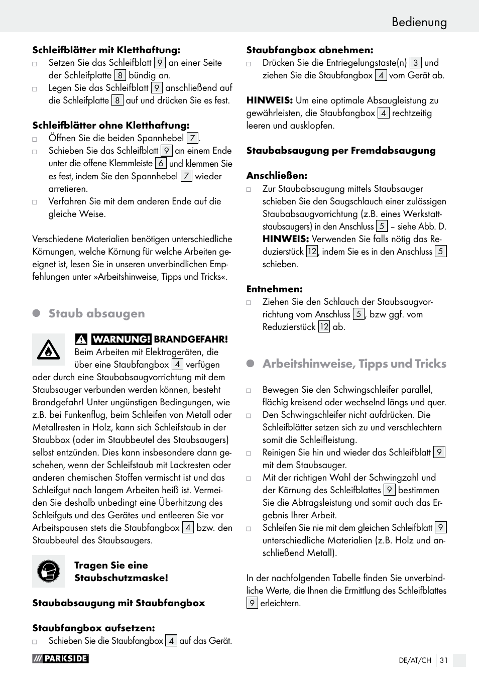 Staub absaugen, Arbeitshinweise, tipps und tricks | Parkside PSS 250 A1 User Manual | Page 31 / 34