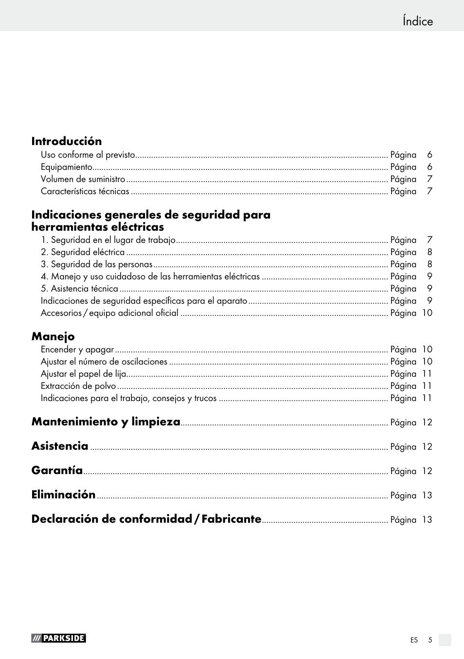 Índice | Parkside PSS 250 A1 User Manual | Page 5 / 34