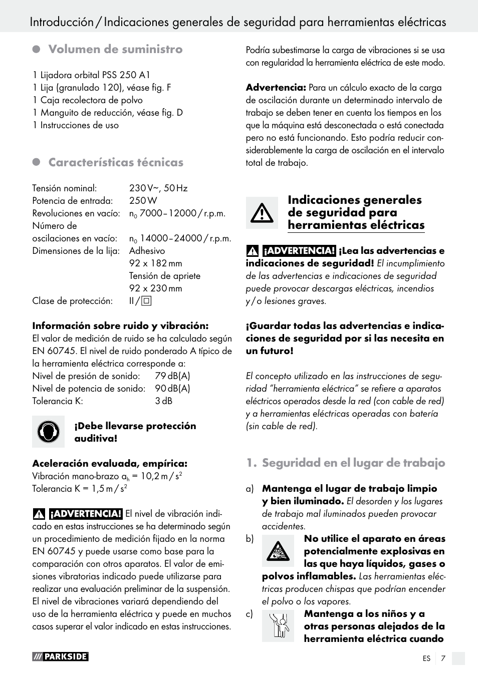 Volumen de suministro, Características técnicas, Seguridad en el lugar de trabajo | Parkside PSS 250 A1 User Manual | Page 7 / 34
