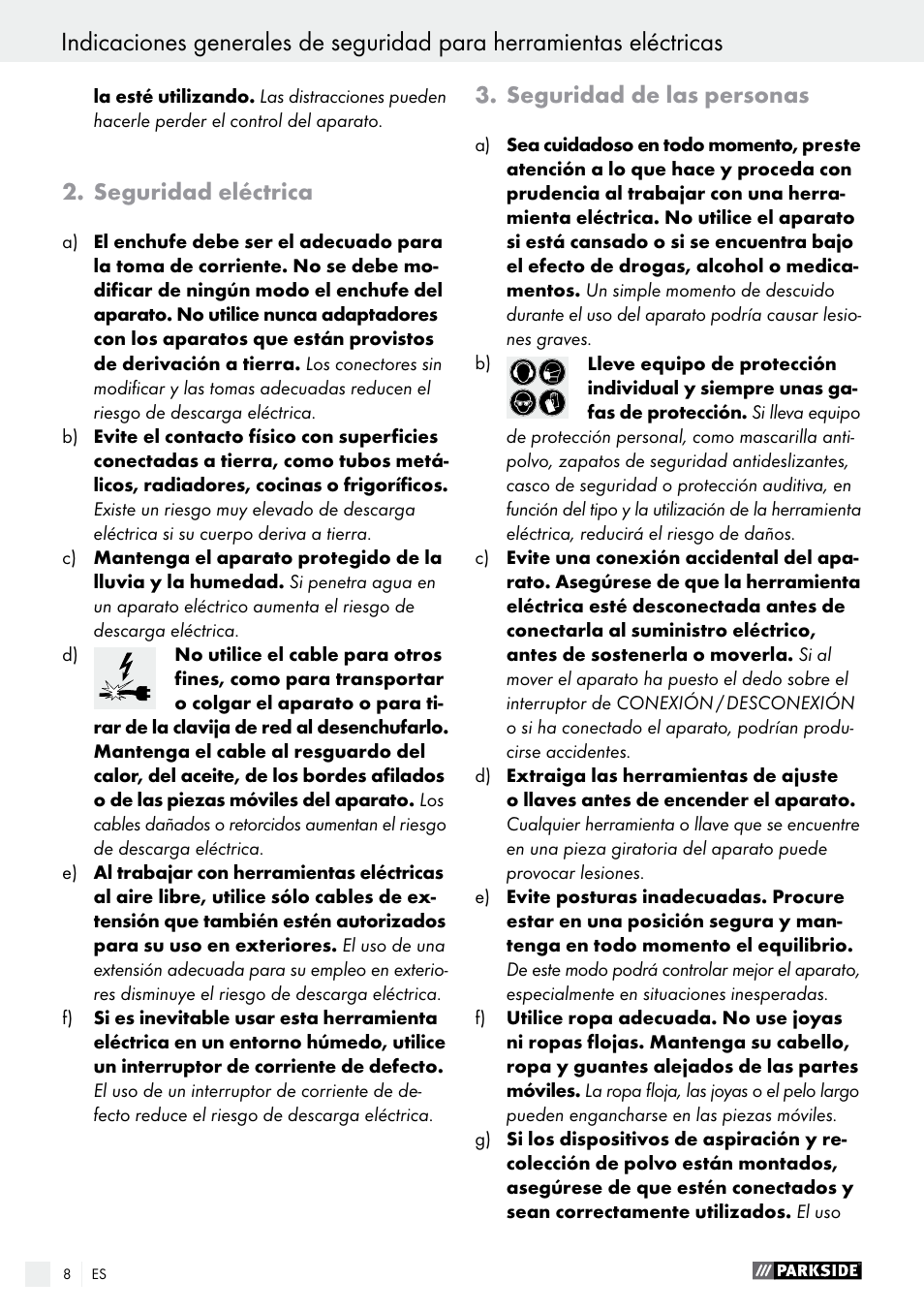 Seguridad eléctrica, Seguridad de las personas | Parkside PSS 250 A1 User Manual | Page 8 / 34