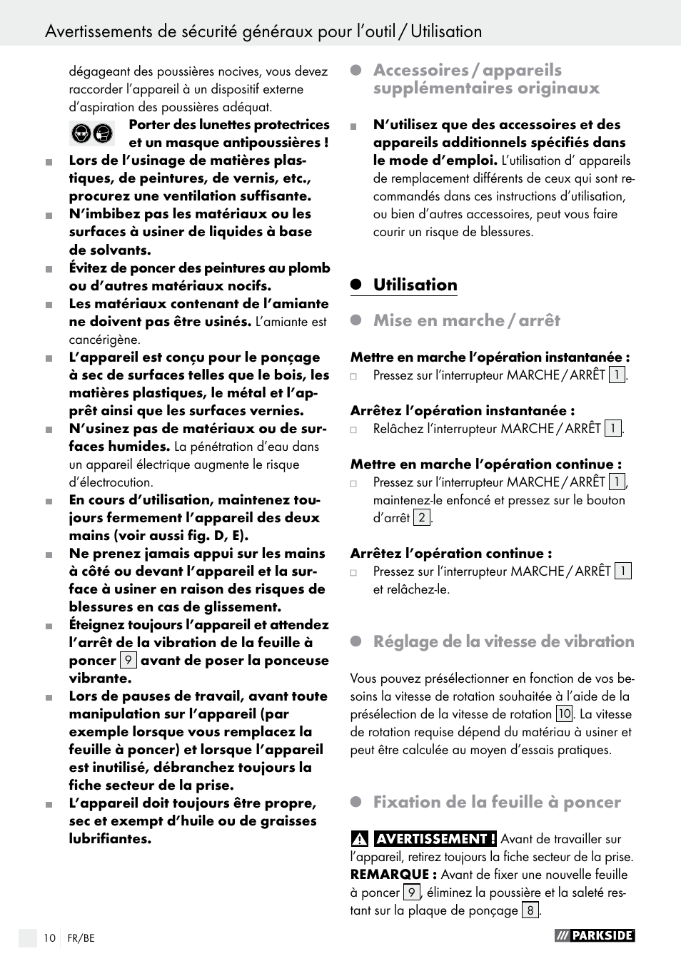 Accessoires / appareils supplémentaires originaux, Utilisation, Mise en marche / arrêt | Réglage de la vitesse de vibration, Fixation de la feuille à poncer | Parkside PSS 250 A1 User Manual | Page 10 / 44