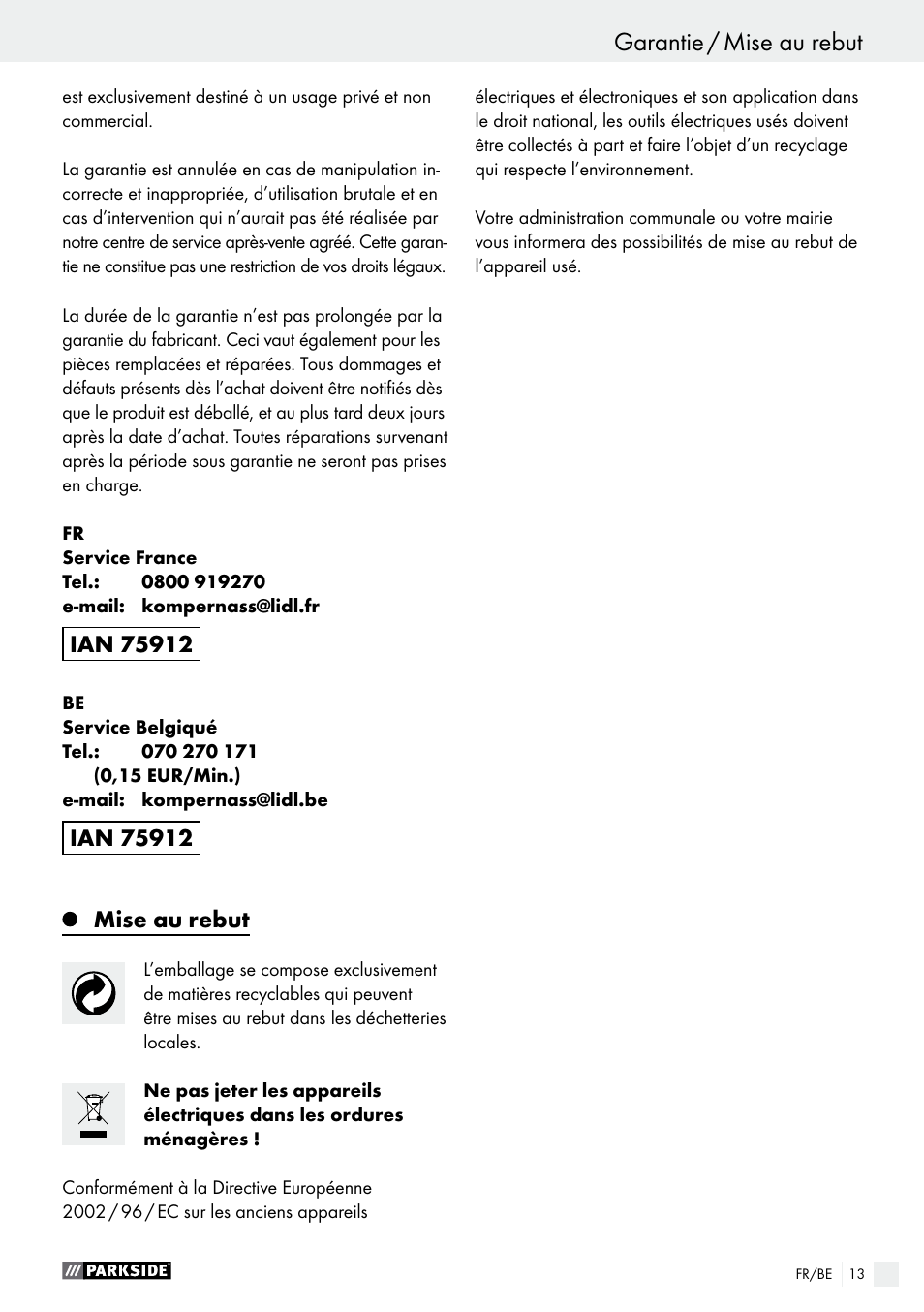 Mise au rebut | Parkside PSS 250 A1 User Manual | Page 13 / 44