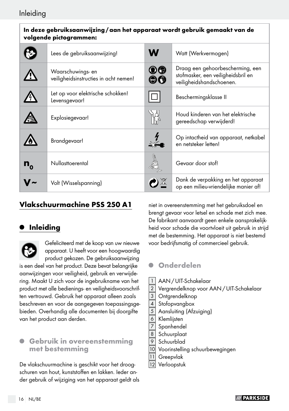 Vlakschuurmachine pss 250 a1, Inleiding, Gebruik in overeenstemming met bestemming | Onderdelen | Parkside PSS 250 A1 User Manual | Page 16 / 44