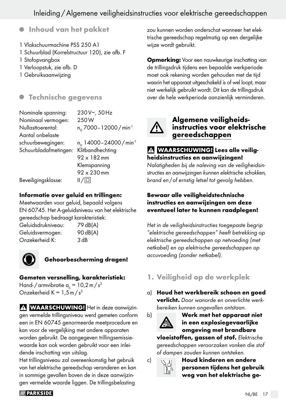 Inhoud van het pakket, Technische gegevens, Veiligheid op de werkplek | Parkside PSS 250 A1 User Manual | Page 17 / 44