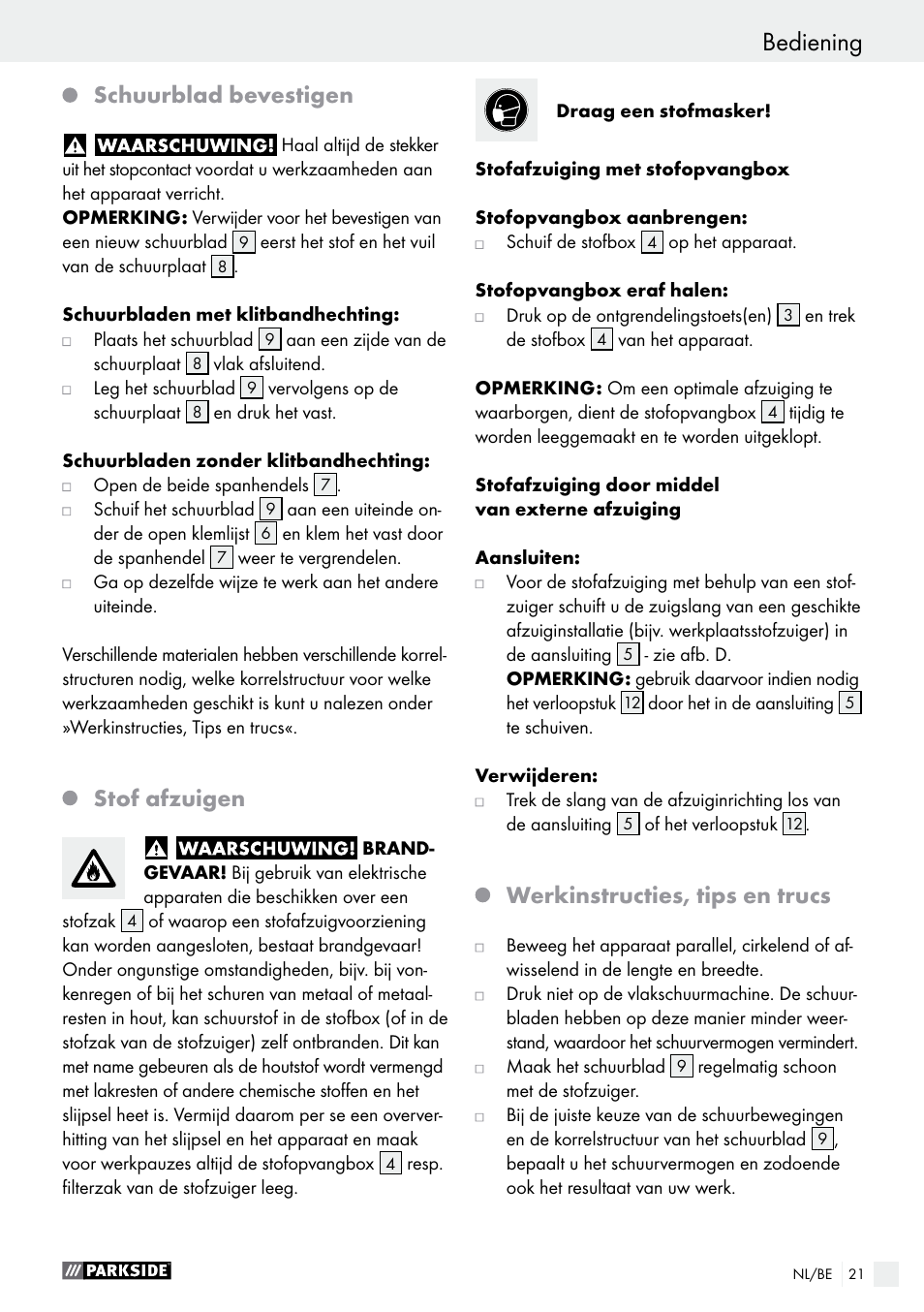 Schuurblad bevestigen, Stof afzuigen, Werkinstructies, tips en trucs | Parkside PSS 250 A1 User Manual | Page 21 / 44