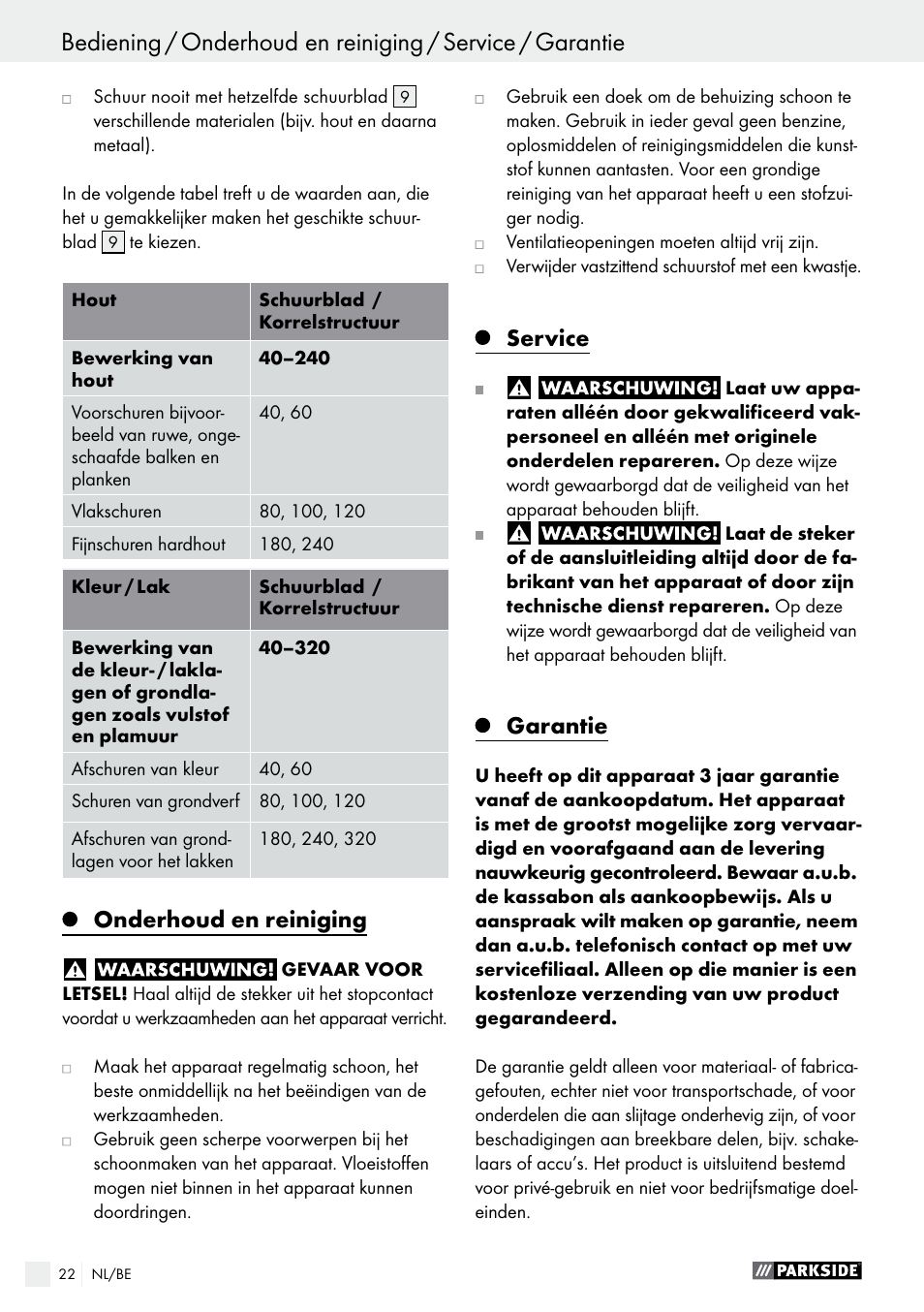 Onderhoud en reiniging, Service, Garantie | Parkside PSS 250 A1 User Manual | Page 22 / 44
