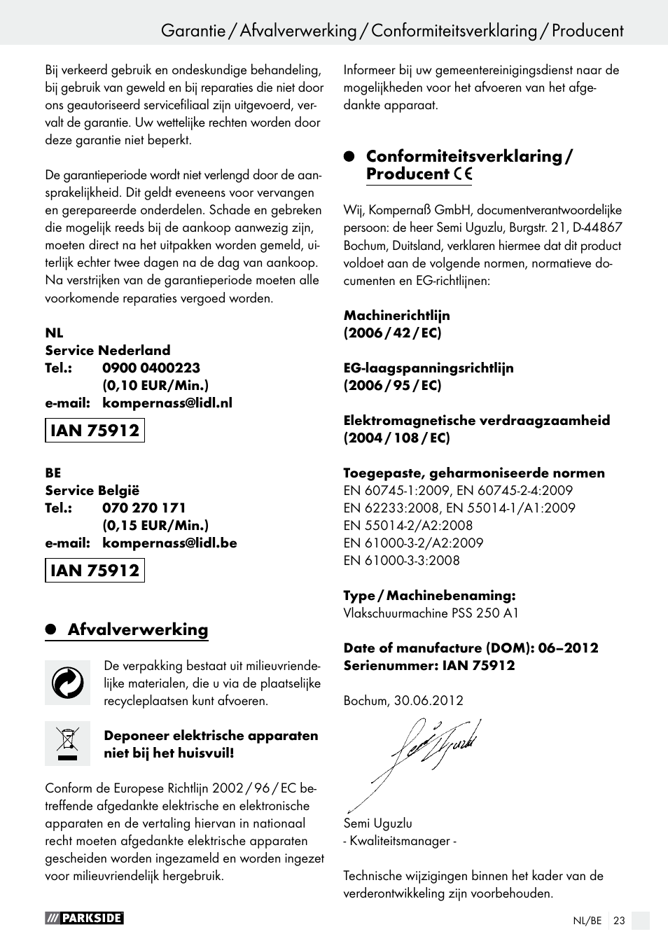 Afvalverwerking, Conformiteitsverklaring / producent | Parkside PSS 250 A1 User Manual | Page 23 / 44