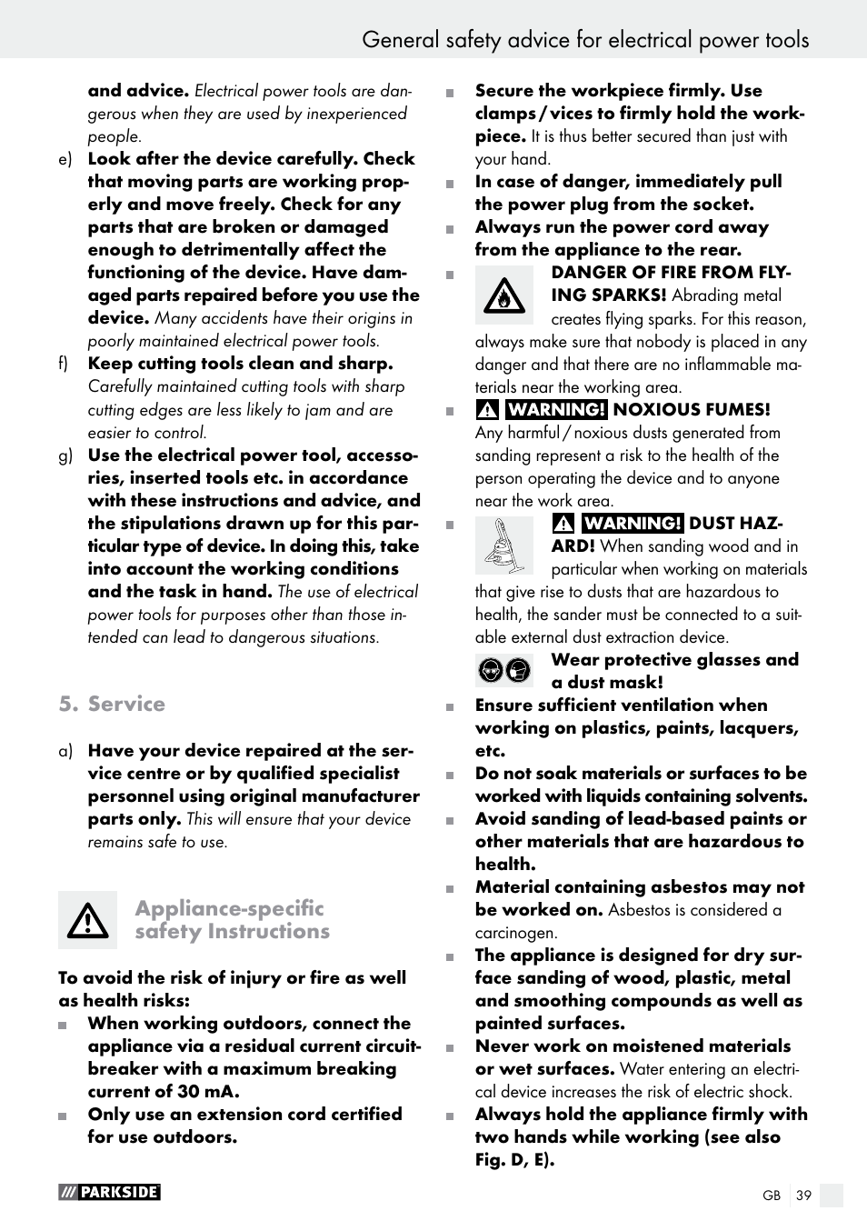 General safety advice for electrical power tools, Service, Appliance-specific safety instructions | Parkside PSS 250 A1 User Manual | Page 39 / 44