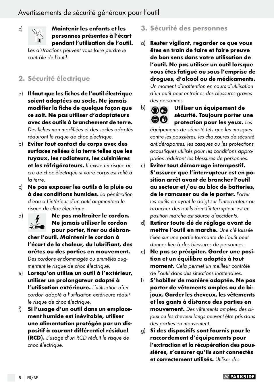 Avertissements de sécurité généraux pour l’outil, Sécurité électrique, Sécurité des personnes | Parkside PSS 250 A1 User Manual | Page 8 / 44
