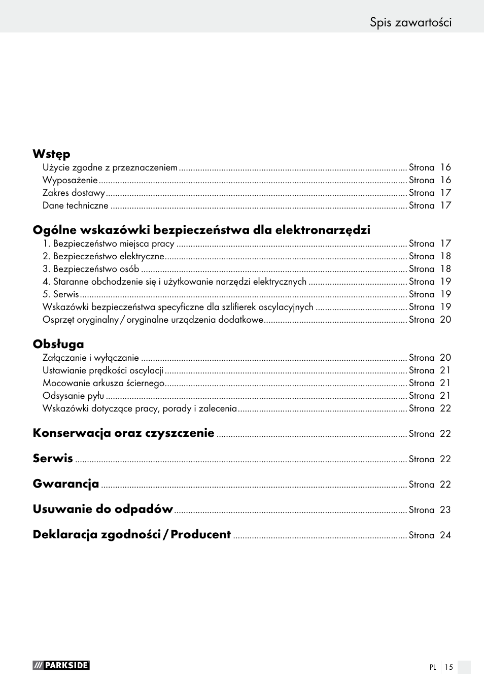 Spis zawartości | Parkside PSS 250 A1 User Manual | Page 15 / 54