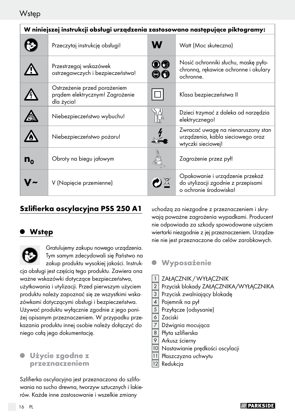 Szlifierka oscylacyjna pss 250 a1, Wstęp, Użycie zgodne z przeznaczeniem | Wyposażenie | Parkside PSS 250 A1 User Manual | Page 16 / 54