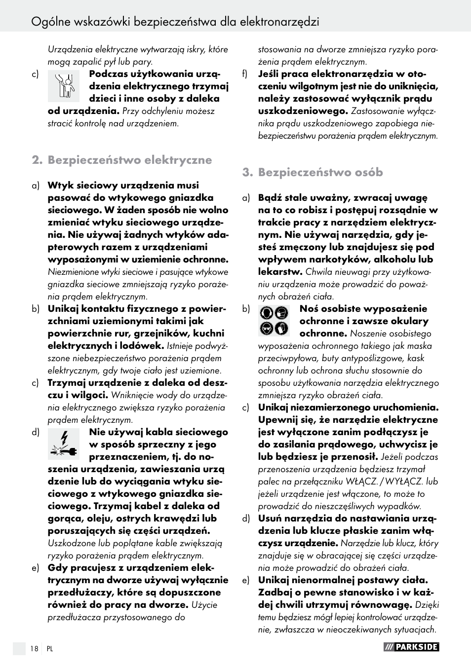 Bezpieczeństwo elektryczne, Bezpieczeństwo osób | Parkside PSS 250 A1 User Manual | Page 18 / 54