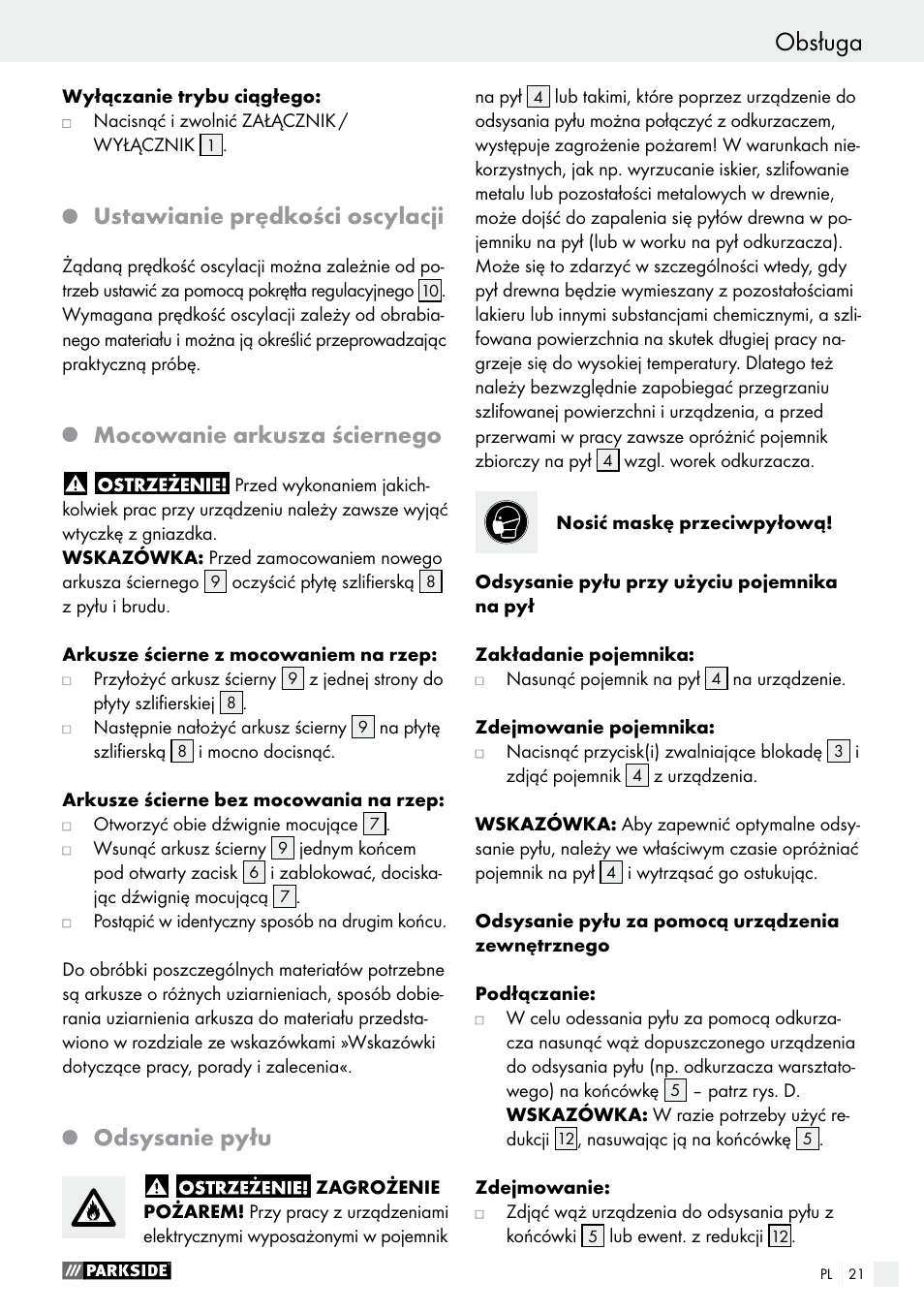 Ustawianie prędkości oscylacji, Mocowanie arkusza ściernego, Odsysanie pyłu | Parkside PSS 250 A1 User Manual | Page 21 / 54
