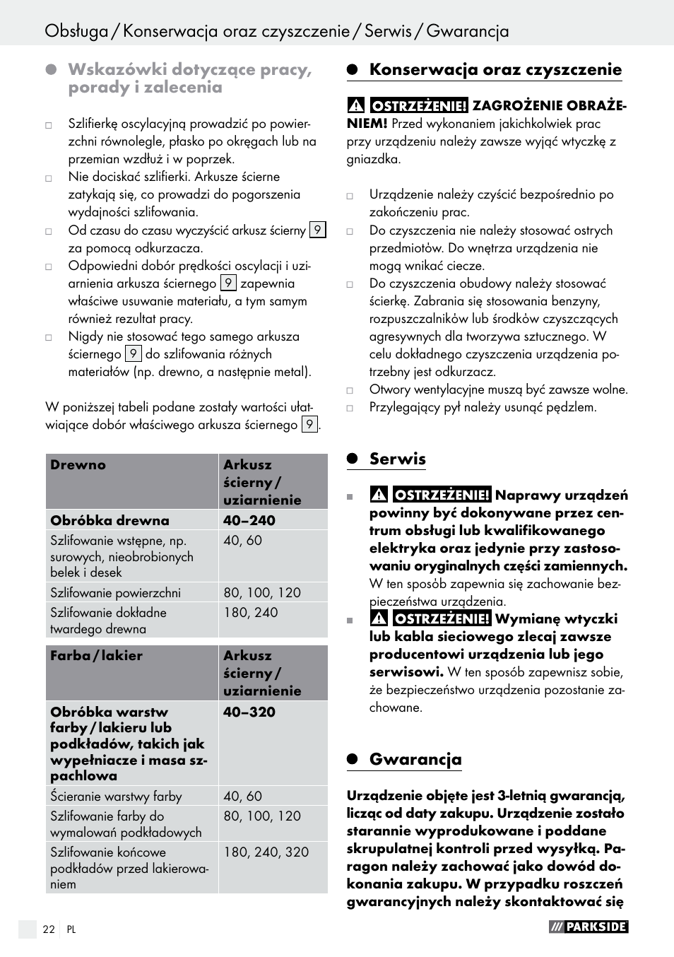 Wskazówki dotyczące pracy, porady i zalecenia, Konserwacja oraz czyszczenie, Serwis | Gwarancja | Parkside PSS 250 A1 User Manual | Page 22 / 54