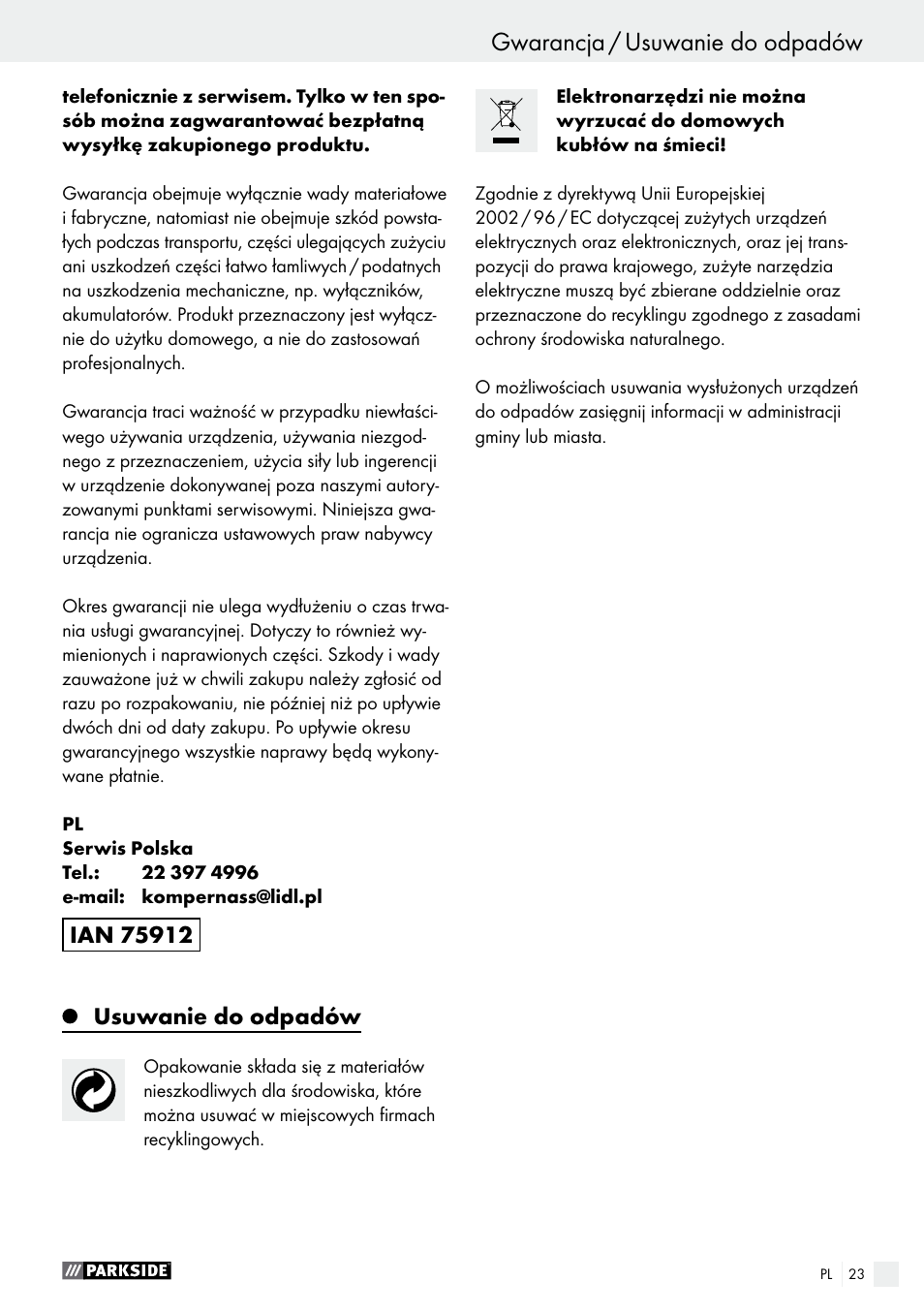 Usuwanie do odpadów | Parkside PSS 250 A1 User Manual | Page 23 / 54