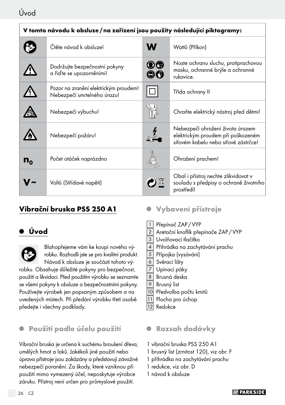 Vibrační bruska pss 250 a1, Úvod, Použití podle účelu použití | Vybavení přístroje, Rozsah dodávky | Parkside PSS 250 A1 User Manual | Page 26 / 54